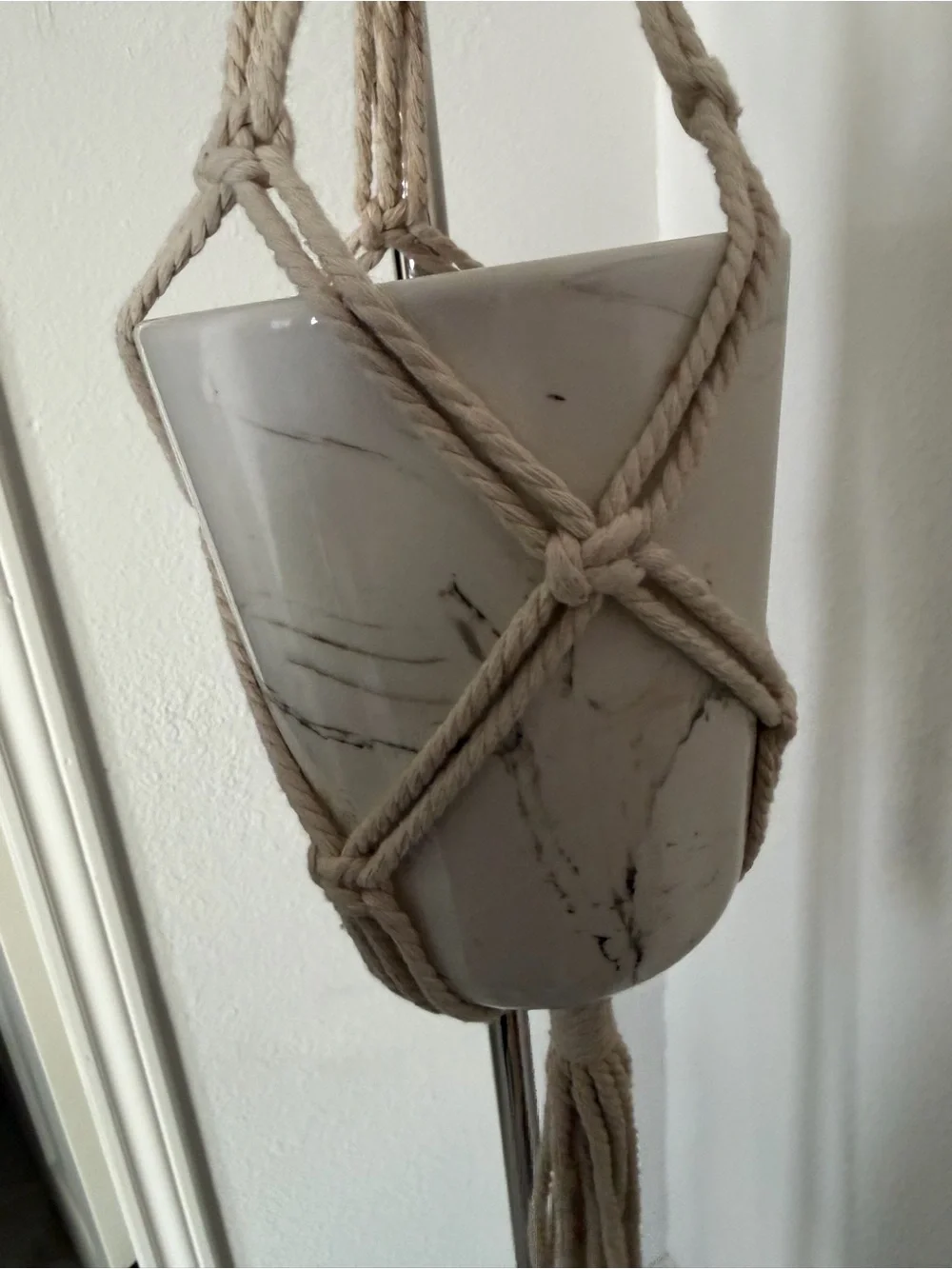 Beige Macrame Hanging Plant Holder with Ceramic Pot